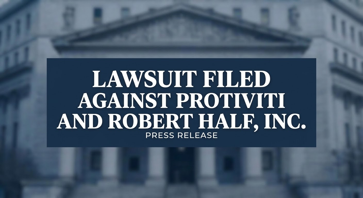 Breaking news graphic announcing a lawsuit filed against Protiviti and Robert Half, Inc. The graphic features a large dark navy blue banner over a blurred, blue-toned background of a classic courthouse with columns. The white text reads 'LAWSUIT FILED AGAINST PROTIVITI AND ROBERT HALF, INC.' with 'PRESS RELEASE' centered at the bottom.